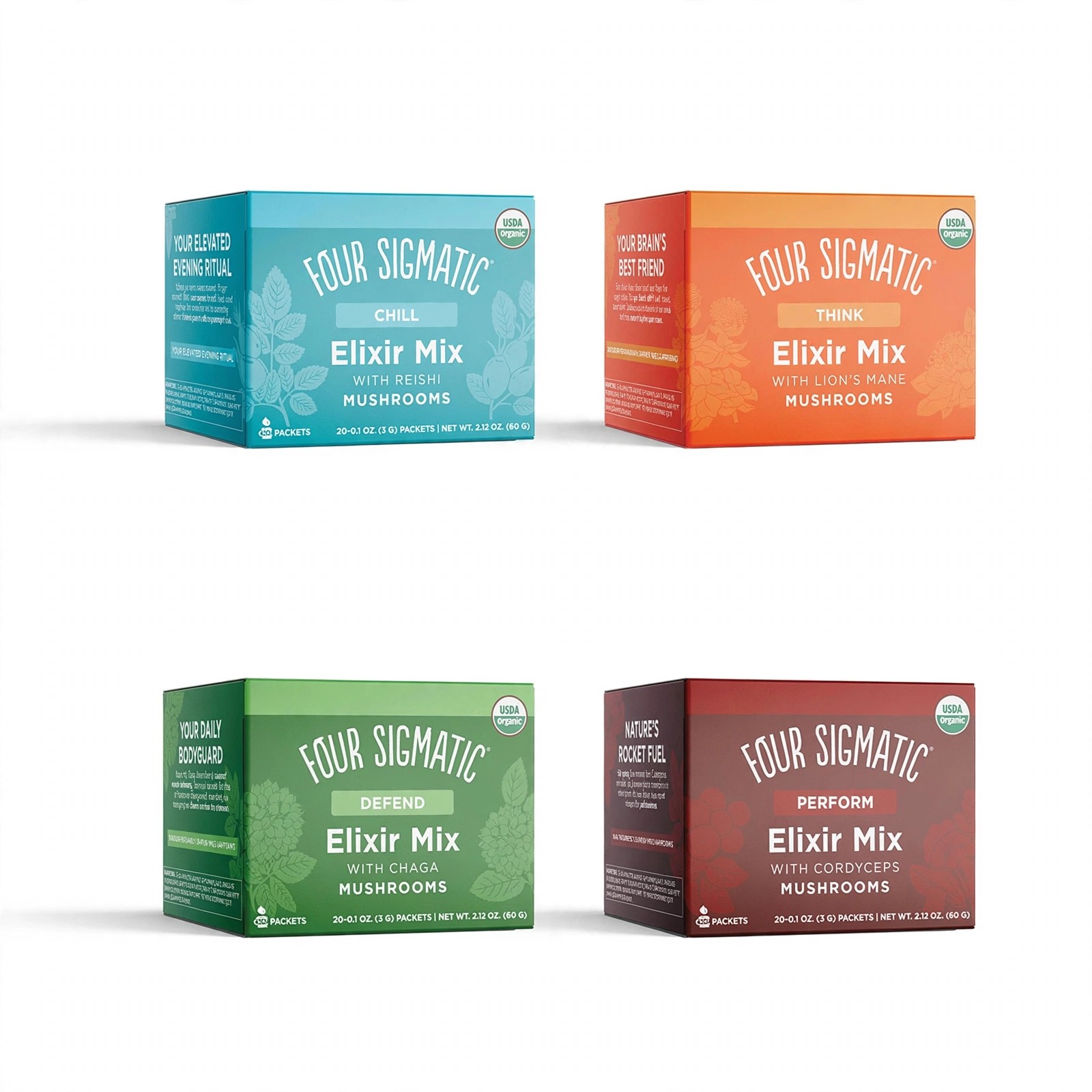 Quartet of colorful Four Sigmatic mushroom Elixir Mix boxes.