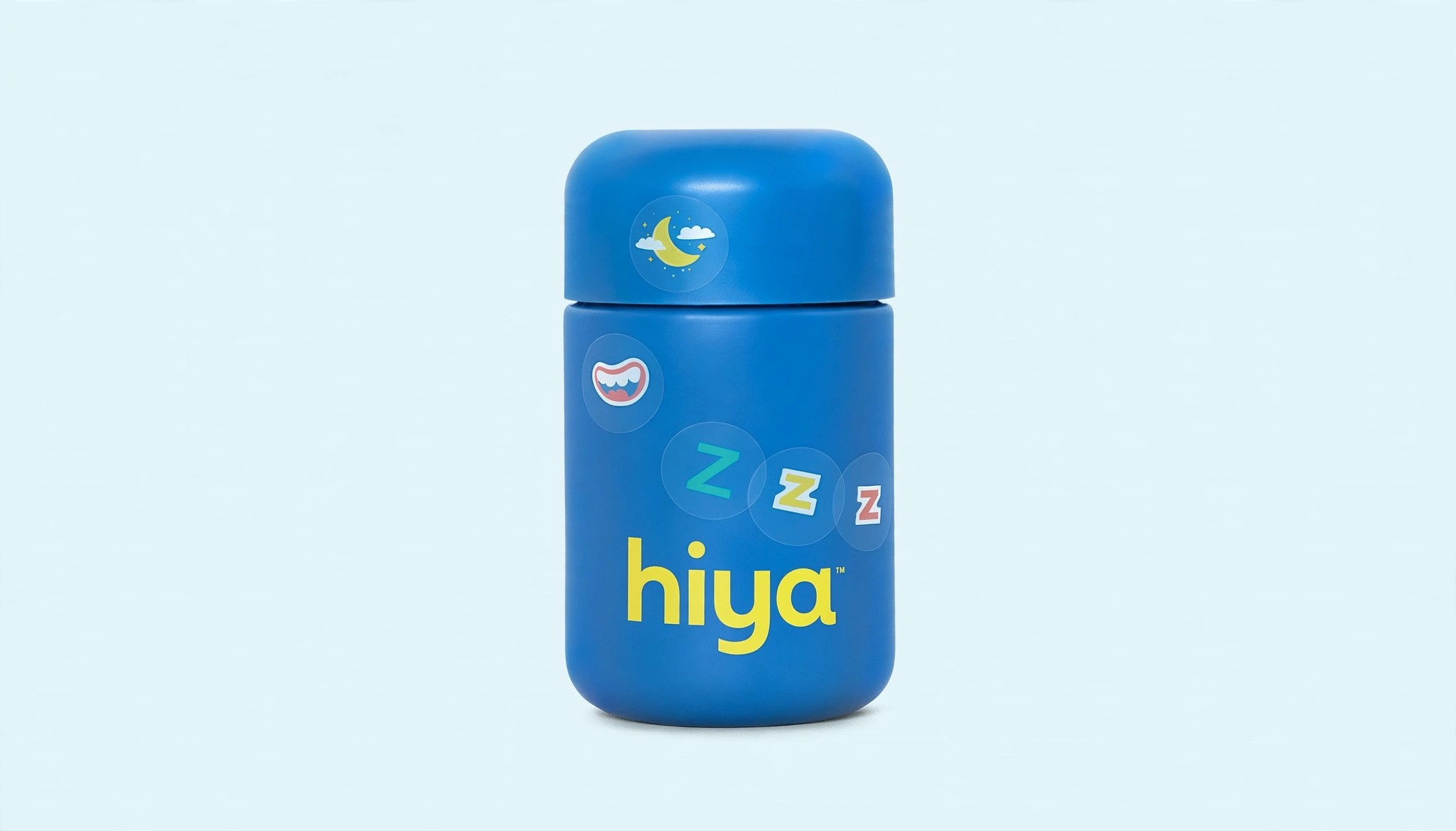 A refillable blue Hiya bottle against a pale background.