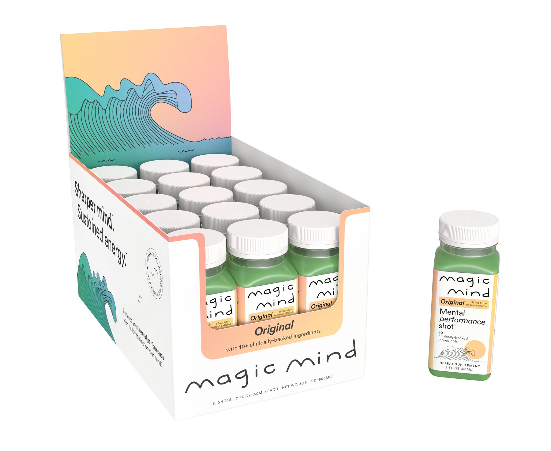 Magic Mind Original green bottles in branded display packaging.