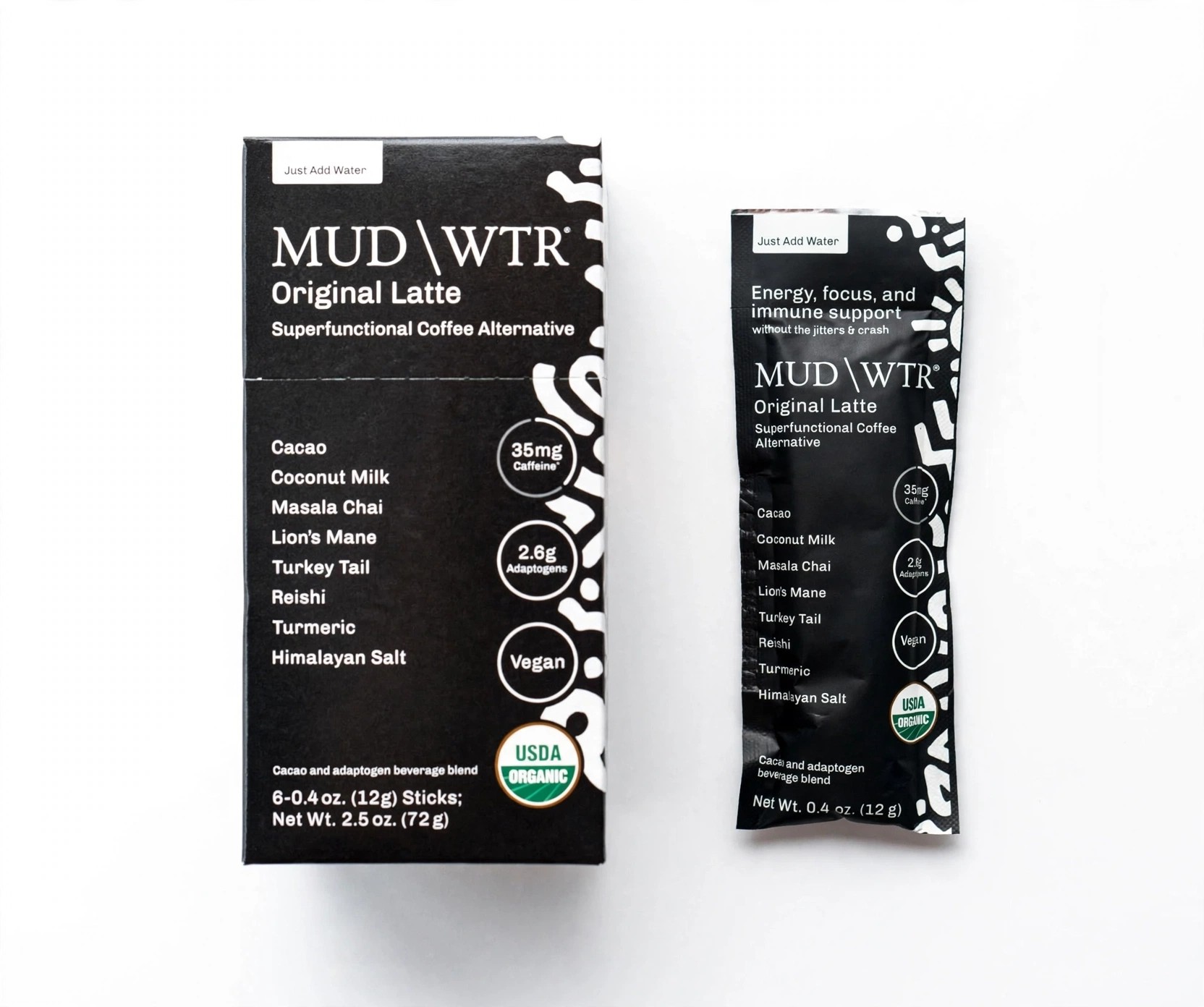 Black MUDWTR box displayed with individual sachet.