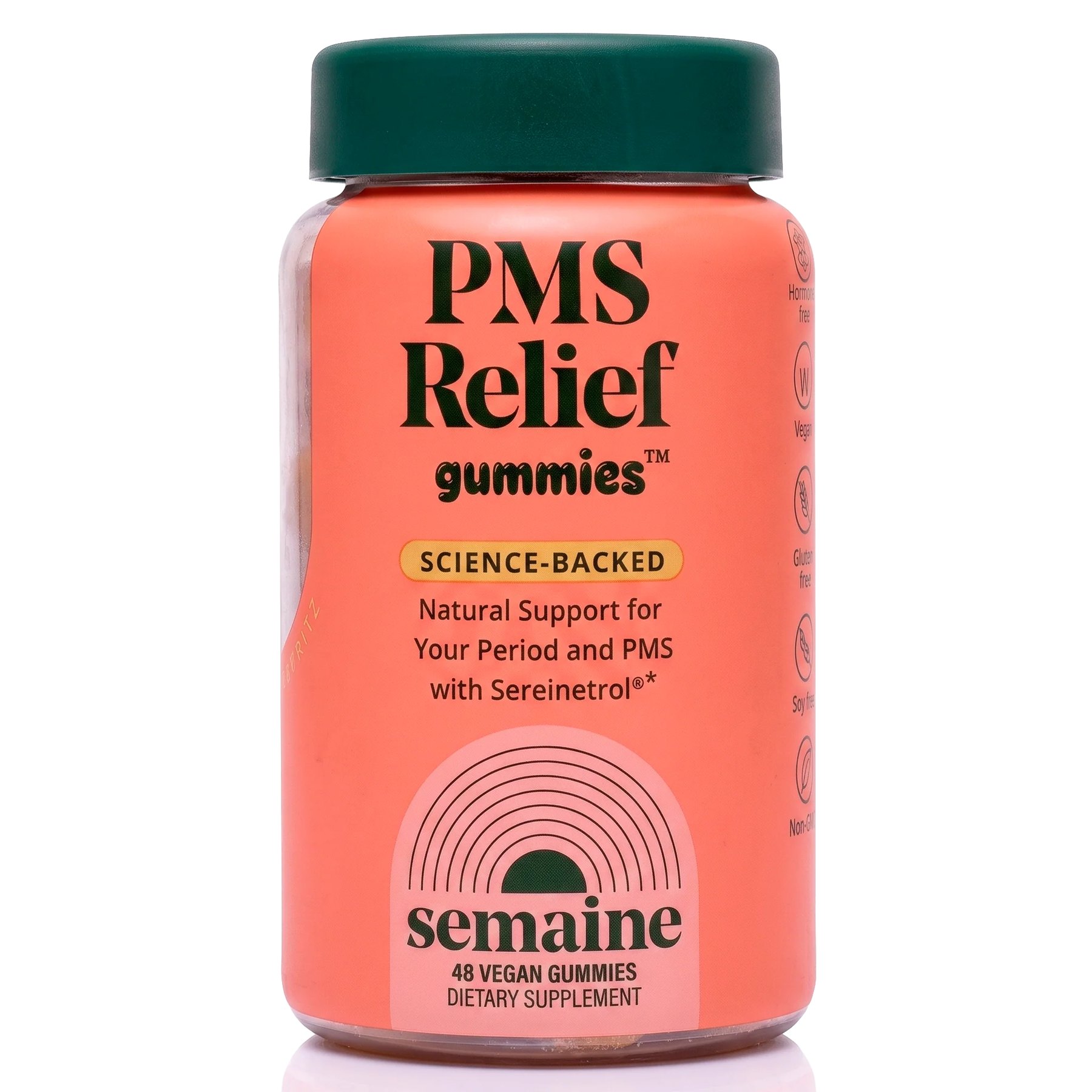Front view of coral Semaine PMS Relief gummies jar.